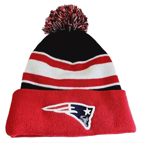 New England Patriots NFL Red/White/Blue Striped Beanie Winter Hat w/ Pom Pom - Picture 1 of 4